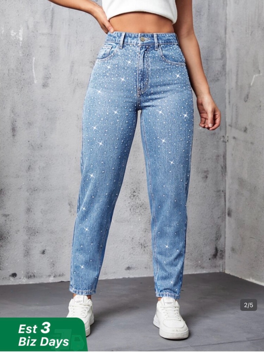 SHEIN Blue Straight Leg Jeans with Rhinestone Accents